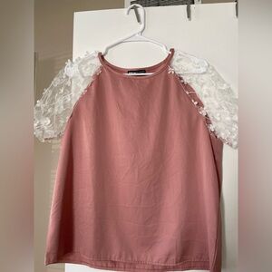 SHEIN pink shirt with floral sleeves